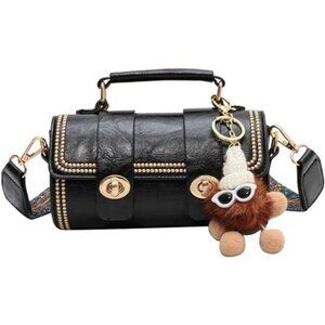 Rhomboid Bucket Bag Black Crossbody Cylinder Shoulder Purse  with Bunny Doll